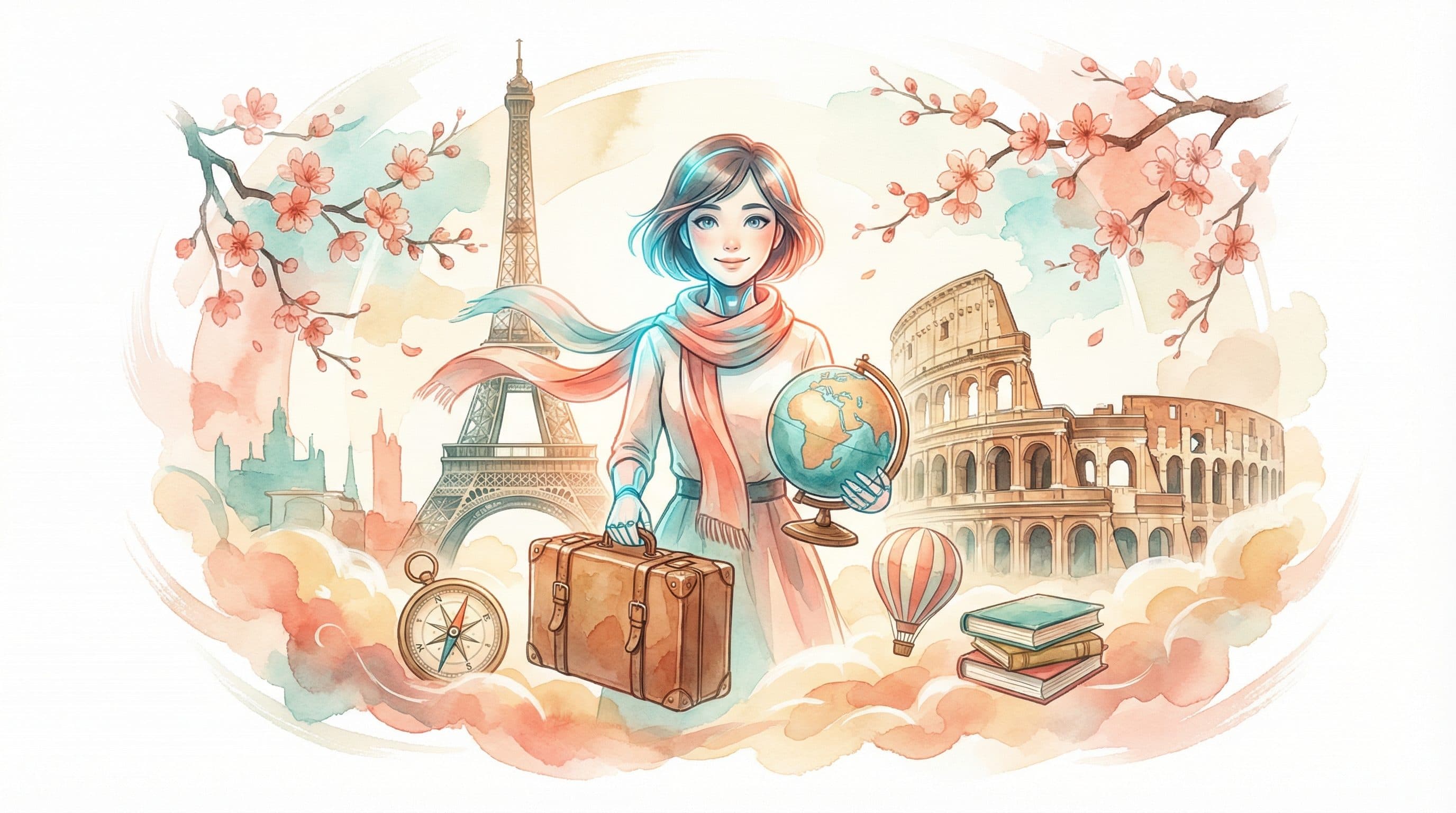 Lucy, your AI travel companion, surrounded by world landmarks