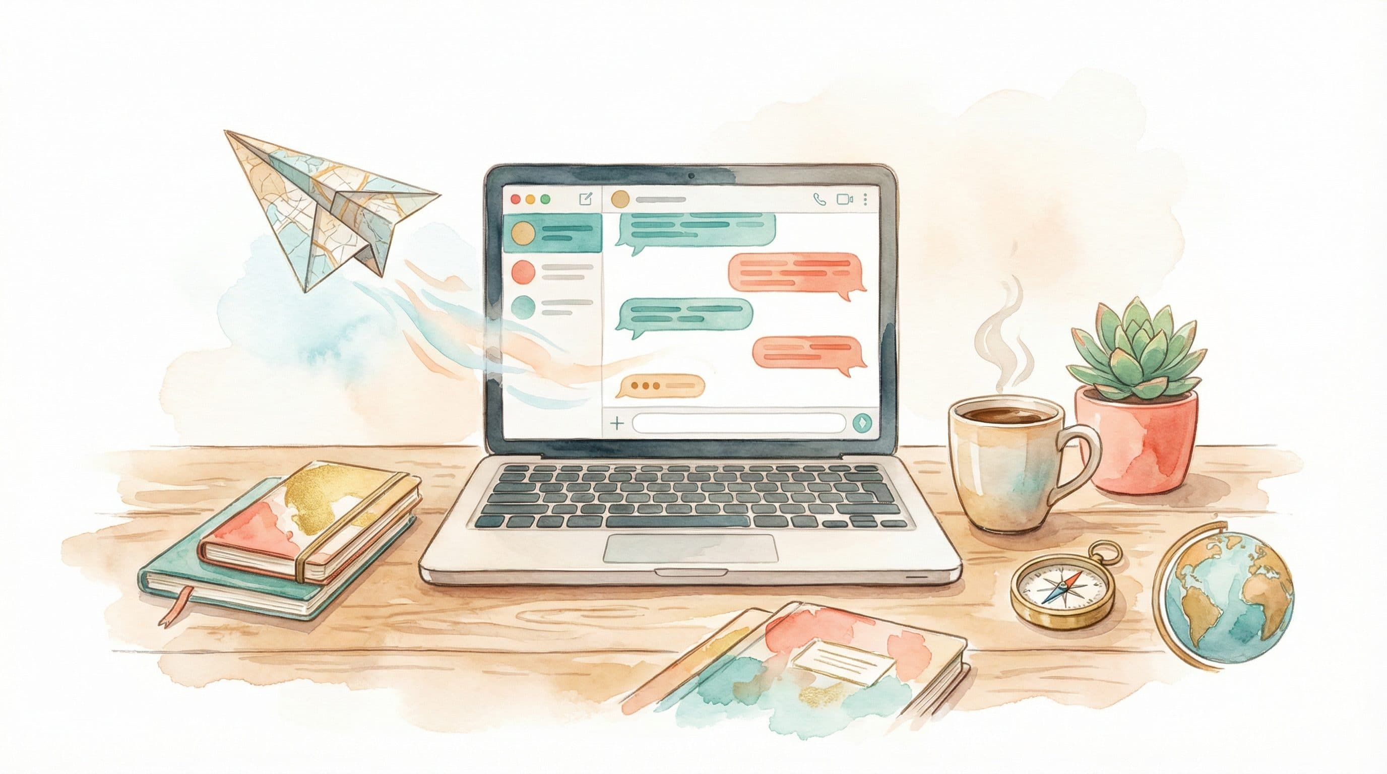 A cozy travel desk with laptop, coffee, and travel accessories