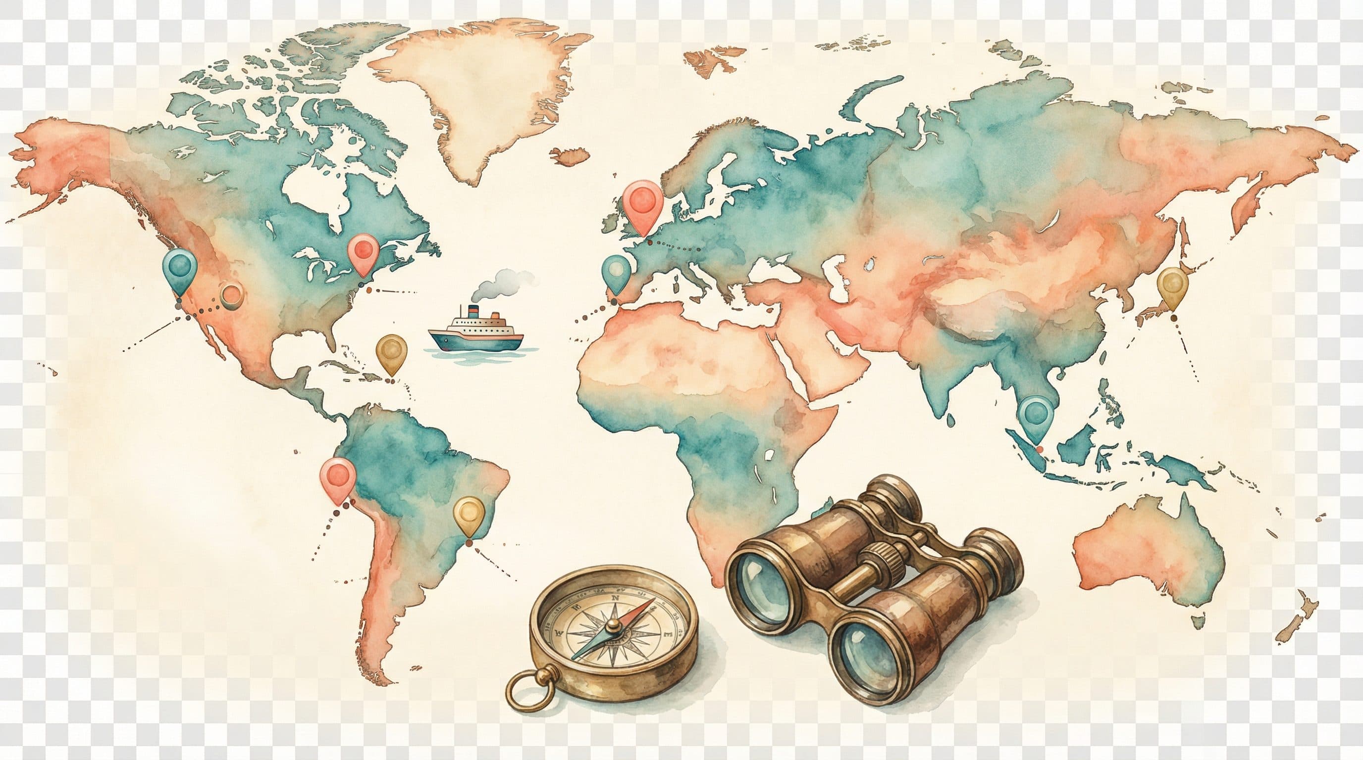 A watercolor world map with pins marking cruise destinations, compass, and binoculars