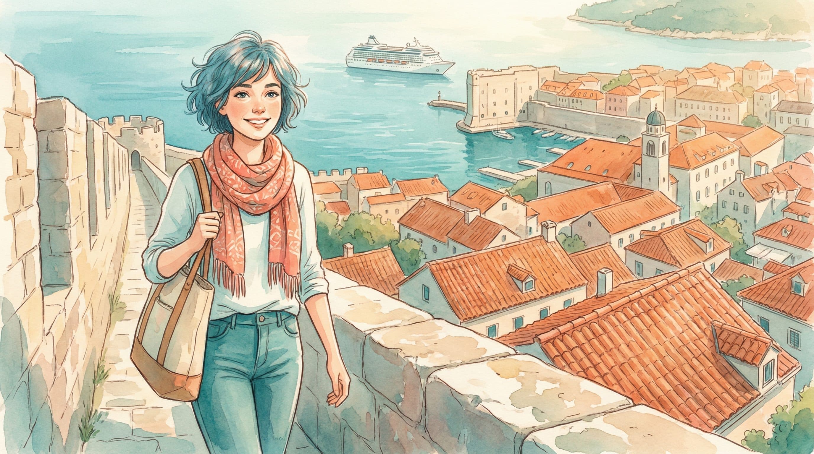 Lucy walking Dubrovnik city walls overlooking terracotta rooftops and the Adriatic Sea