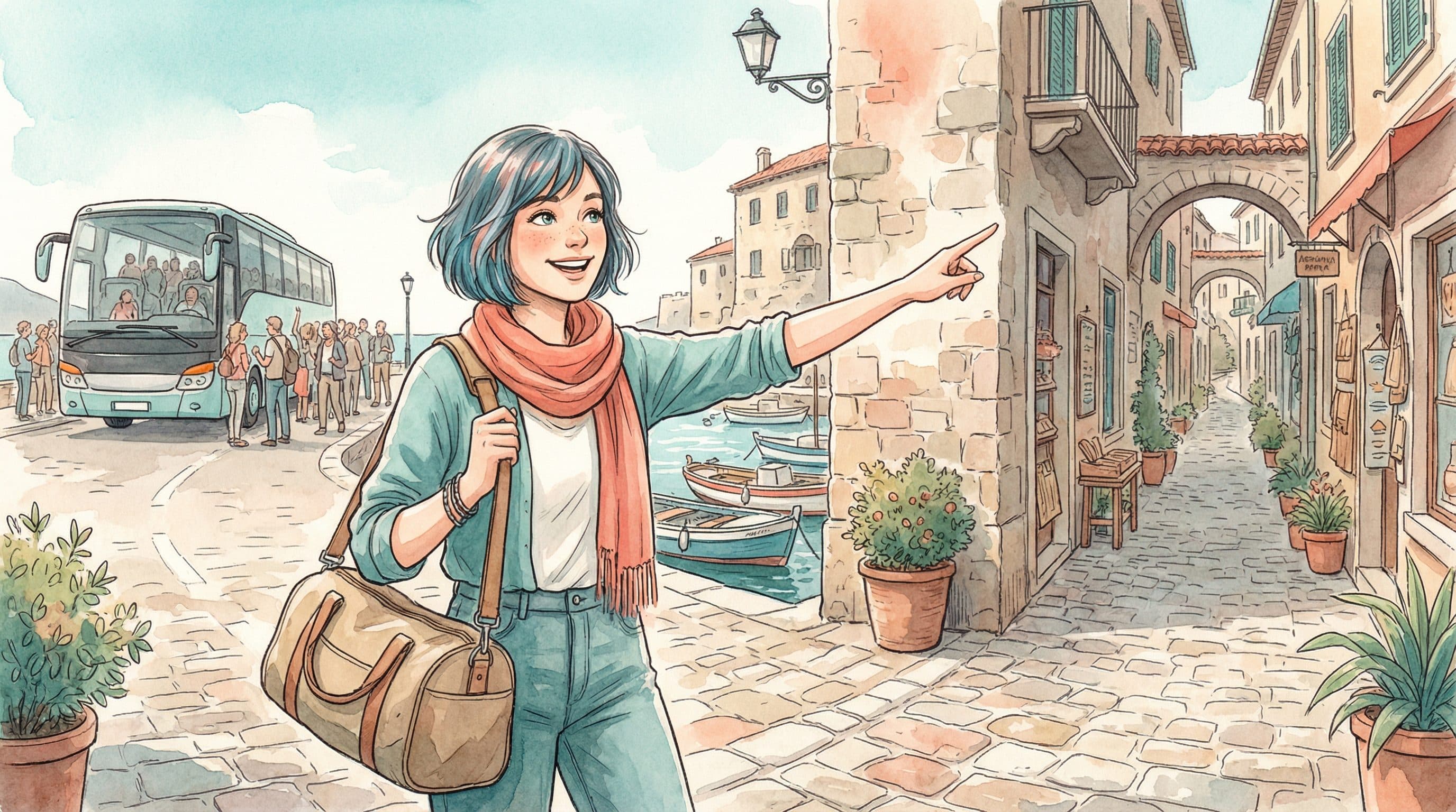 Lucy choosing between a tour bus and a charming independent cobblestone path at a port