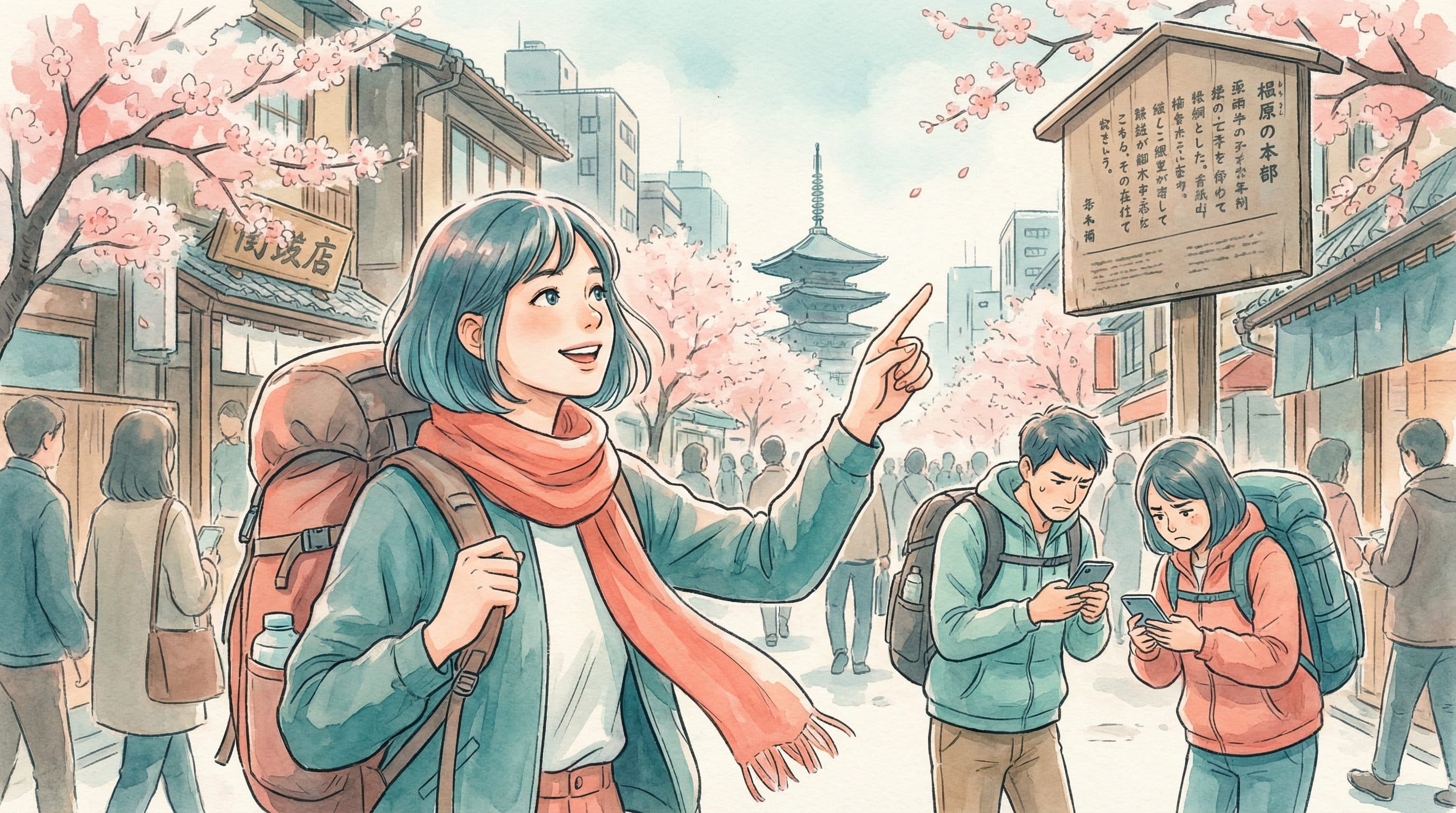 Lucy confidently reading a Japanese street sign while travelers use phone translators