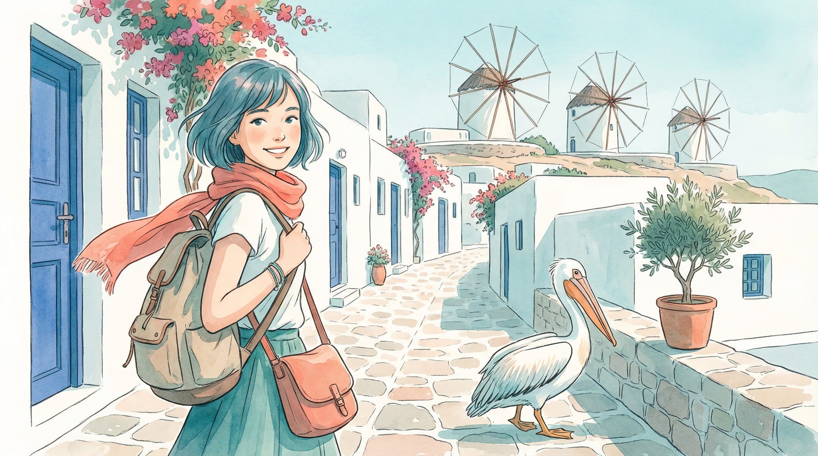 Lucy strolling through Mykonos white-washed streets with windmills in the background