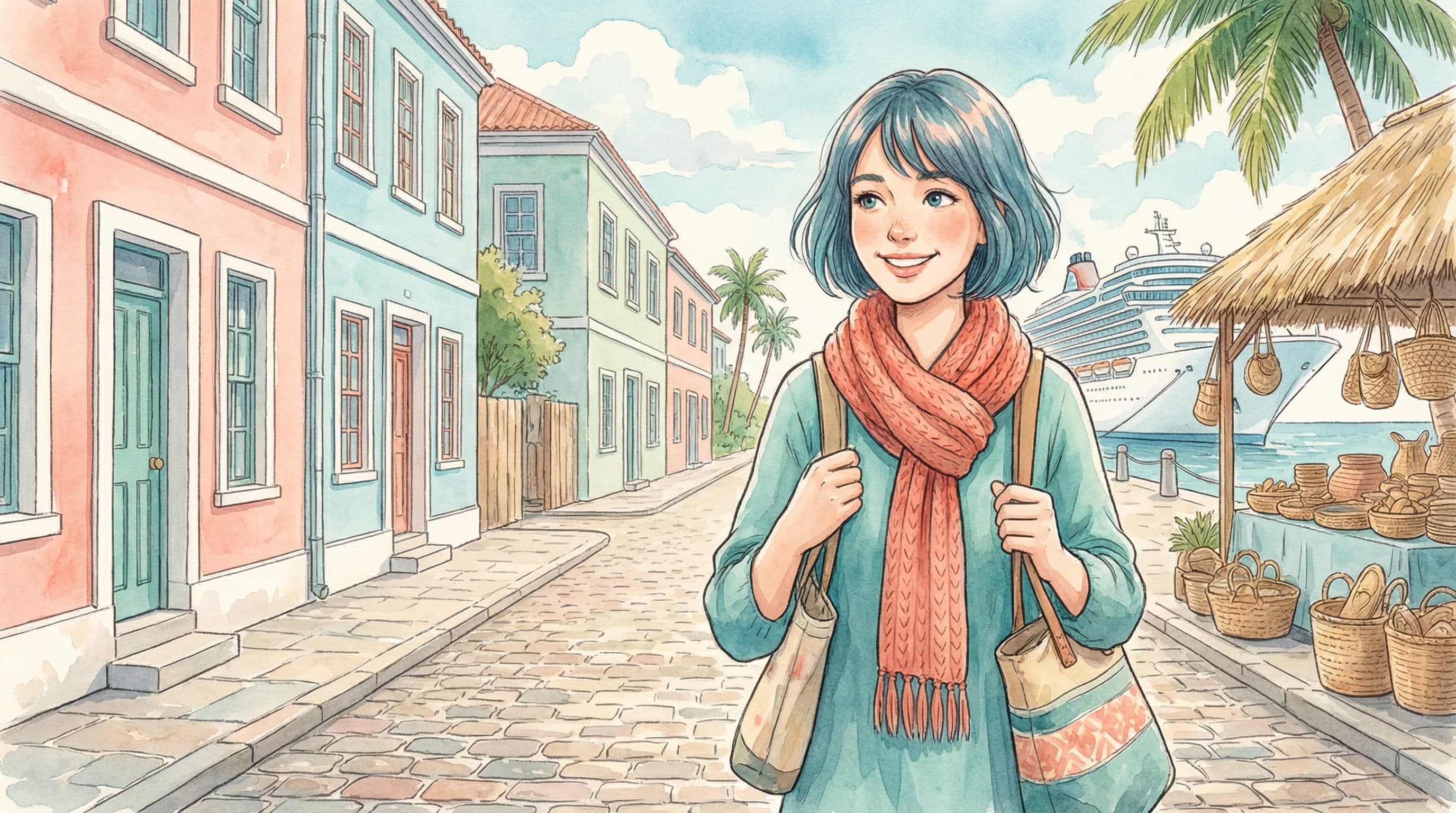 Lucy walking through colorful pastel colonial buildings of Nassau Bahamas