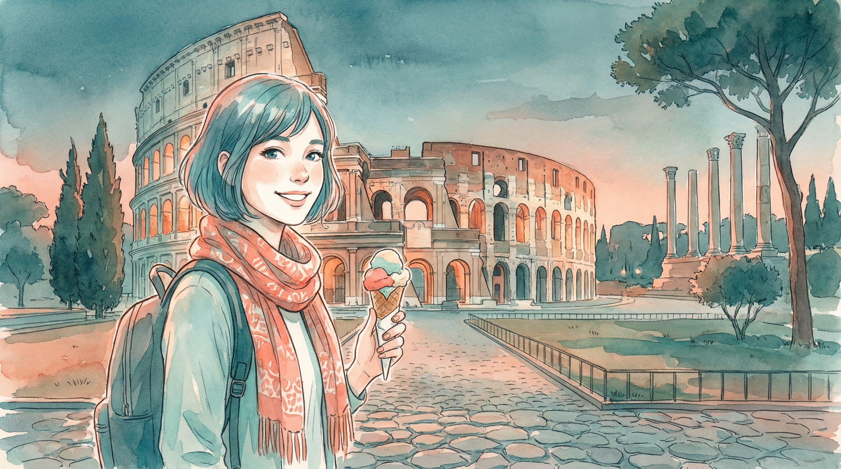 Lucy at the Colosseum in Rome with gelato and Roman forum ruins