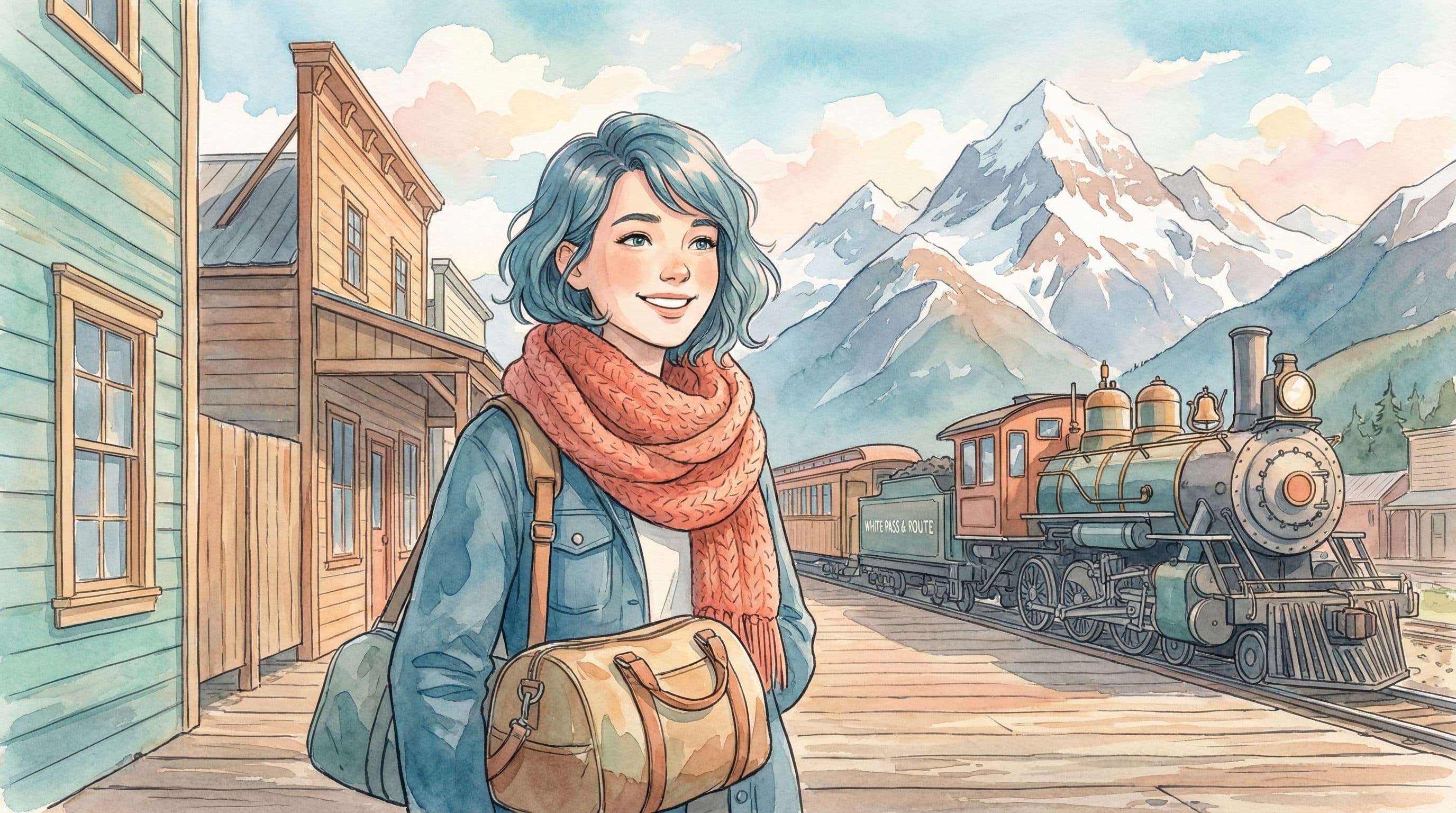 Lucy at the historic wooden boardwalk of Skagway Alaska with Gold Rush buildings