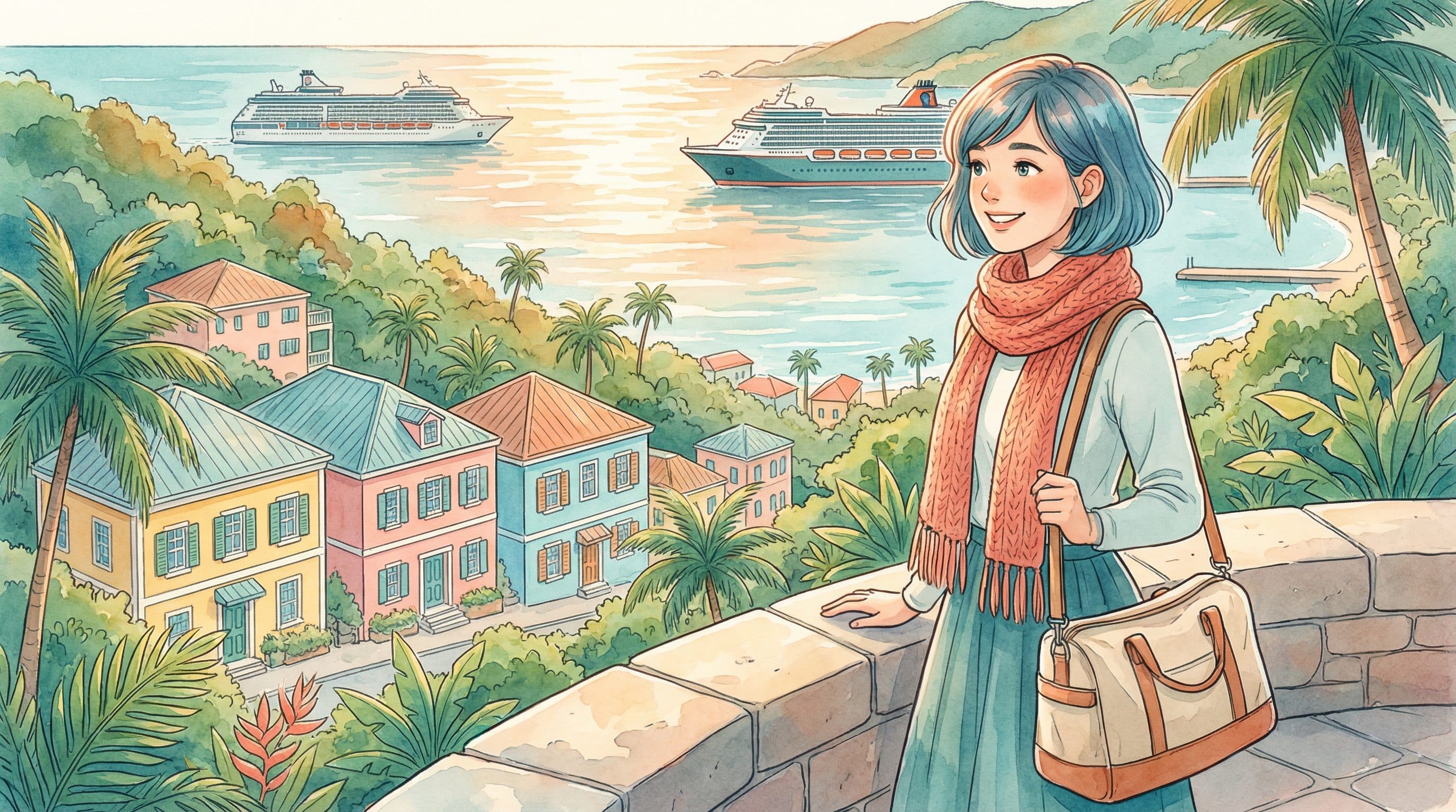 Lucy overlooking Charlotte Amalie harbor in St. Thomas with colorful Caribbean buildings