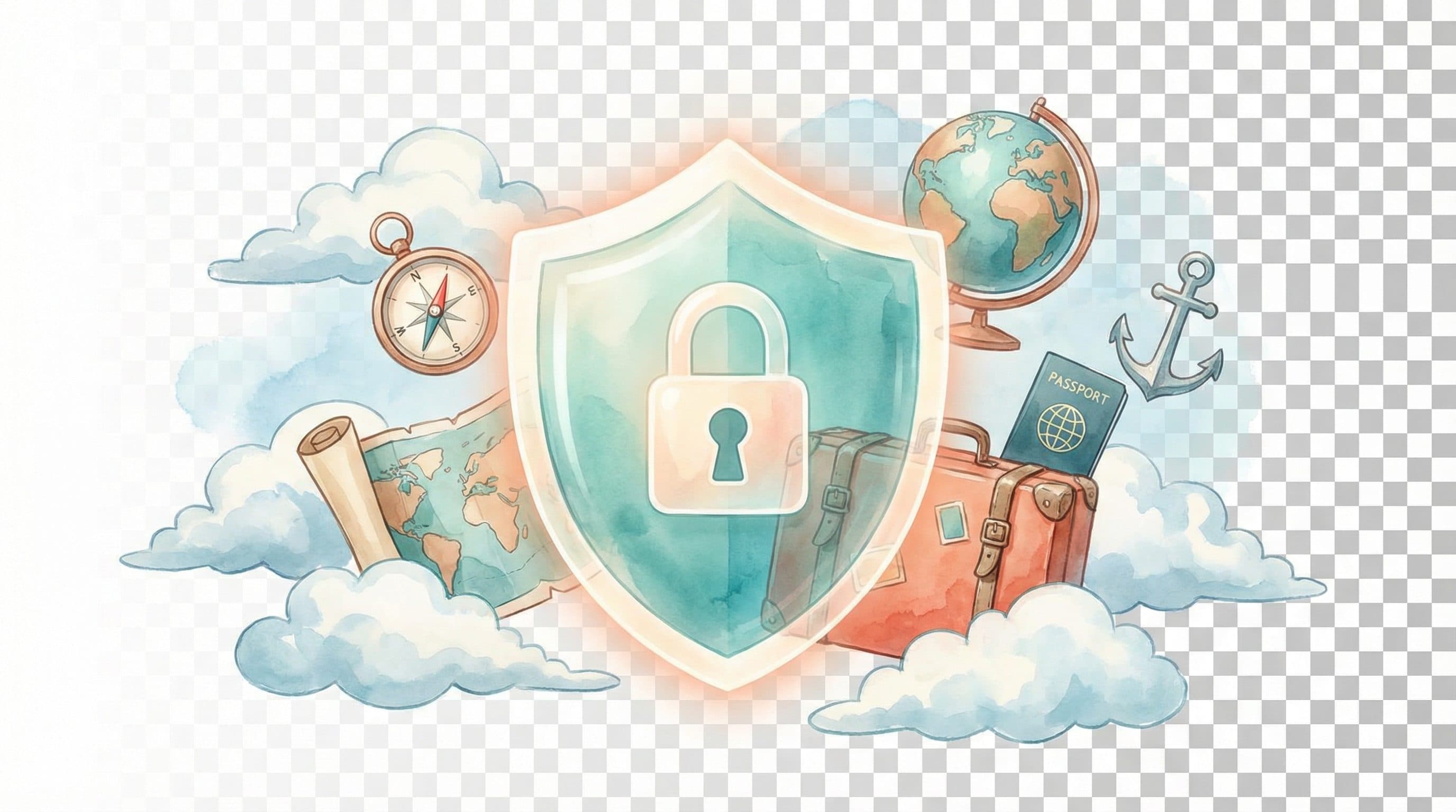 A protective shield with lock icon surrounded by travel elements symbolizing data protection