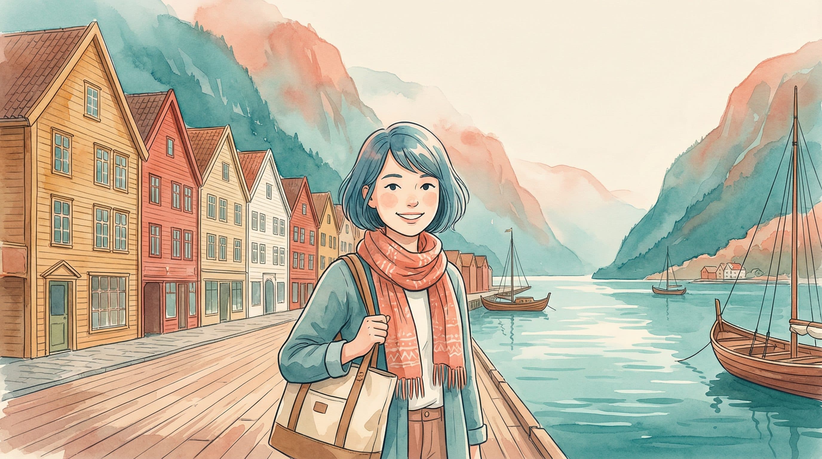 Lucy at Bryggen Wharf in Bergen Norway with colorful wooden buildings and fjord