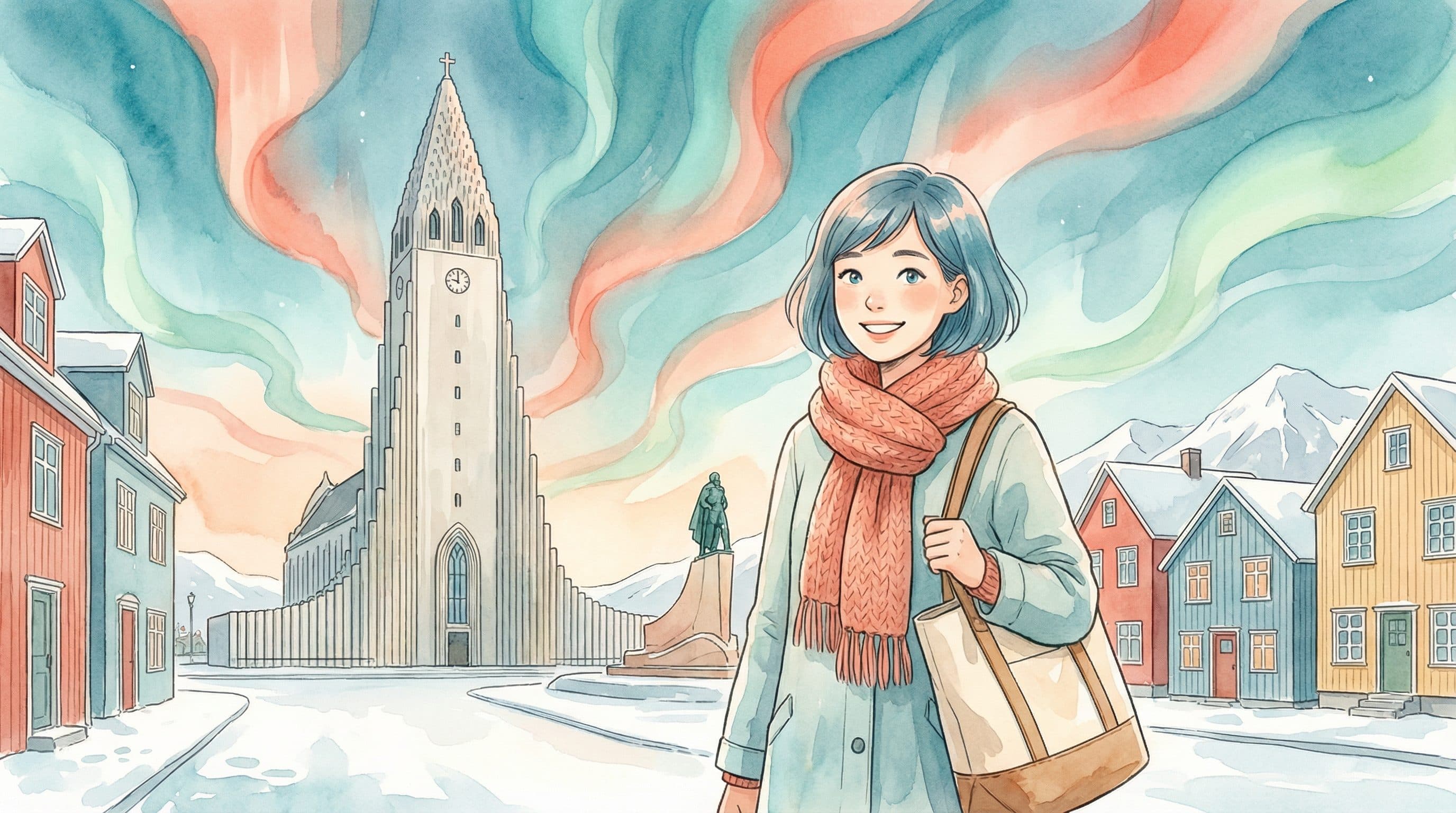 Lucy in front of Hallgrimskirkja church in Reykjavik with Northern Lights