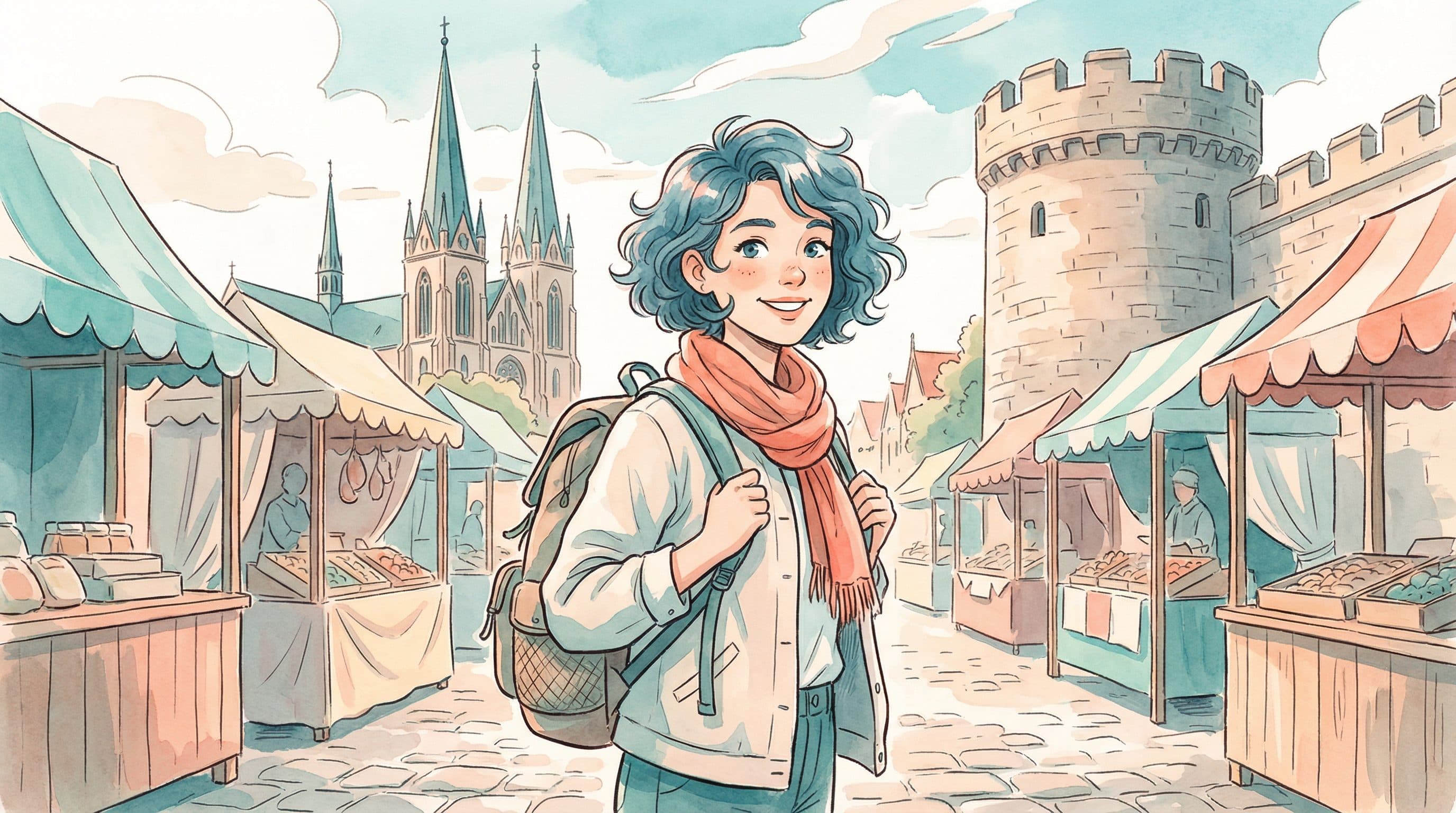 Lucy in the medieval Old Town of Tallinn Estonia with gothic spires and cobblestones